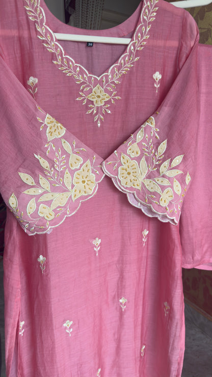 Light Pink Mul Cotton Kurta Set with Handwork and Embroidery