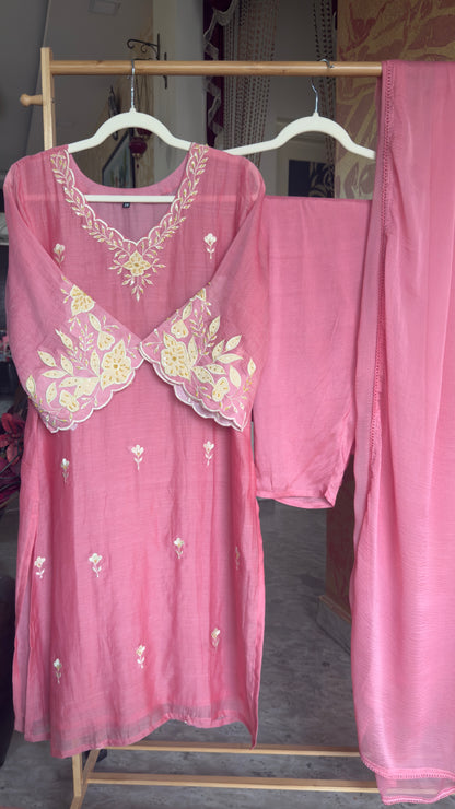 Light Pink Mul Cotton Kurta Set with Handwork and Embroidery