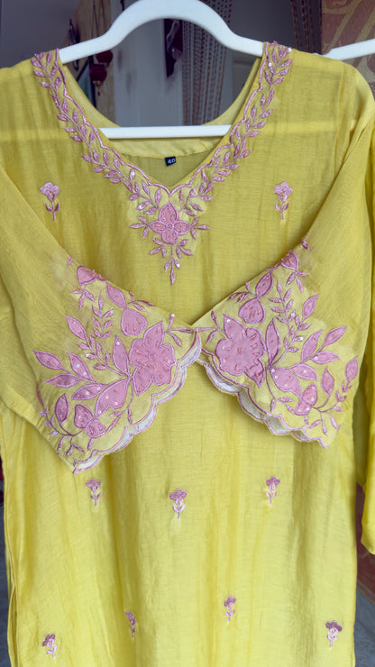 Light Yellow Mul Cotton Kurta Set with Handwork and Embroidery