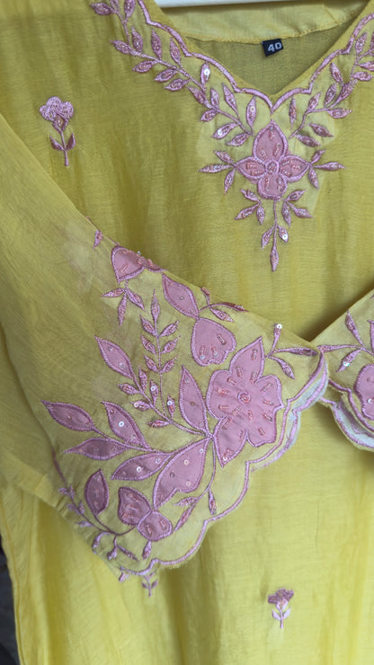 Light Yellow Mul Cotton Kurta Set with Handwork and Embroidery