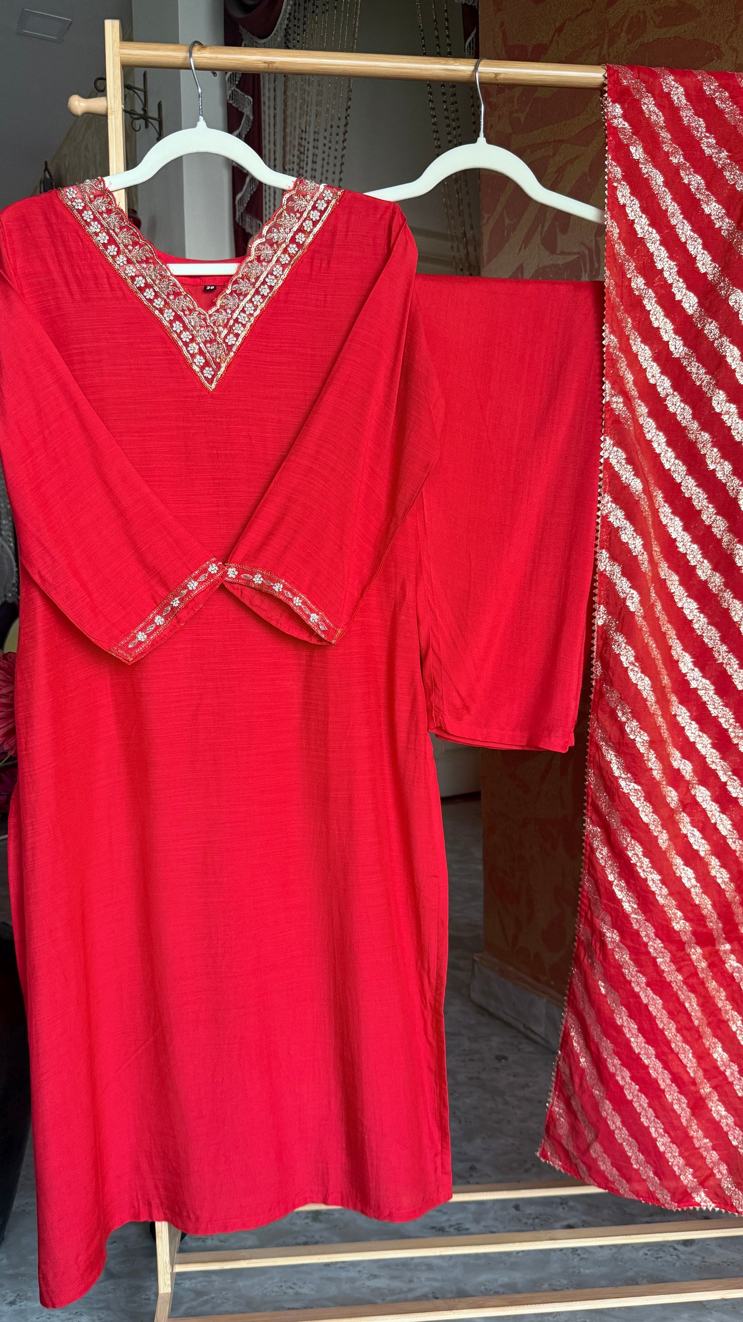 Red Mul Cotton Kurta Set with Handwork and Banaras Dupatta