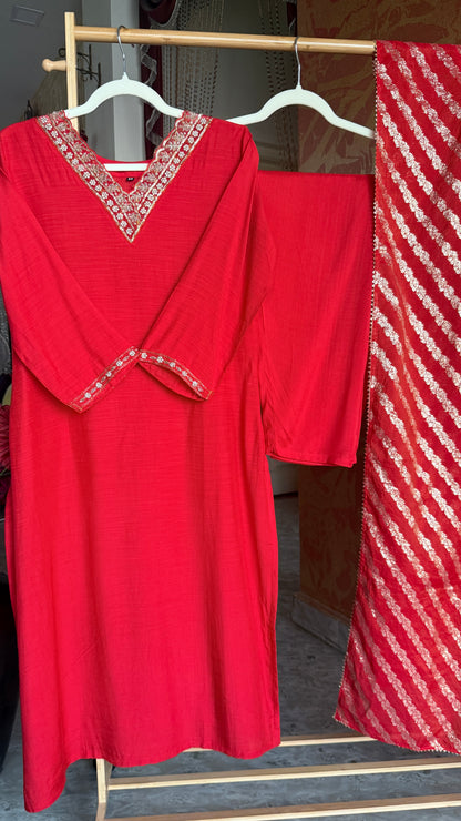Red Mul Cotton Kurta Set with Handwork and Banaras Dupatta