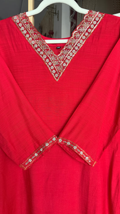 Red Mul Cotton Kurta Set with Handwork and Banaras Dupatta