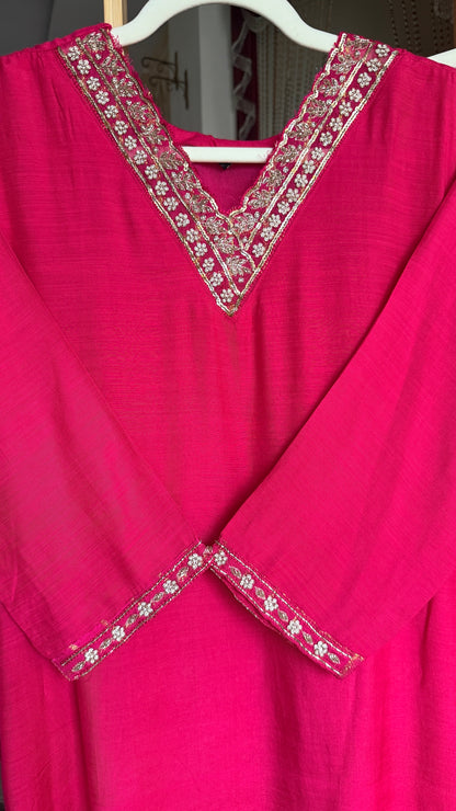 Pink Mul Cotton Kurta Set with Handwork and Banaras Dupatta