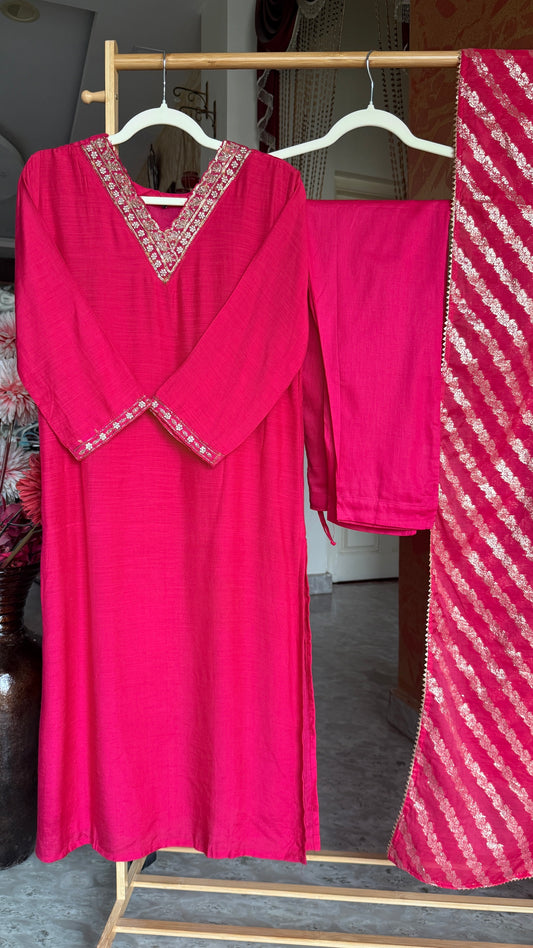 Pink Mul Cotton Kurta Set with Handwork and Banaras Dupatta