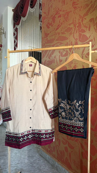 Cream and Maroon Muslin Embroidered Co-Ord Set