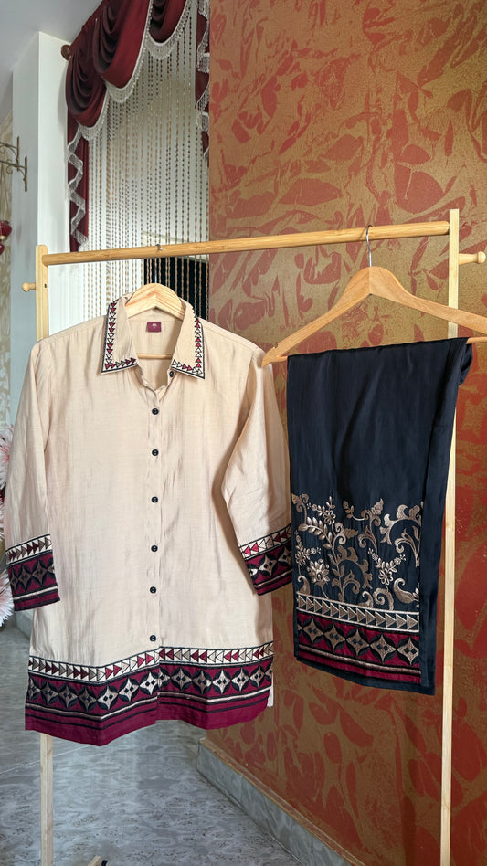 Cream and Maroon Muslin Embroidered Co-Ord Set