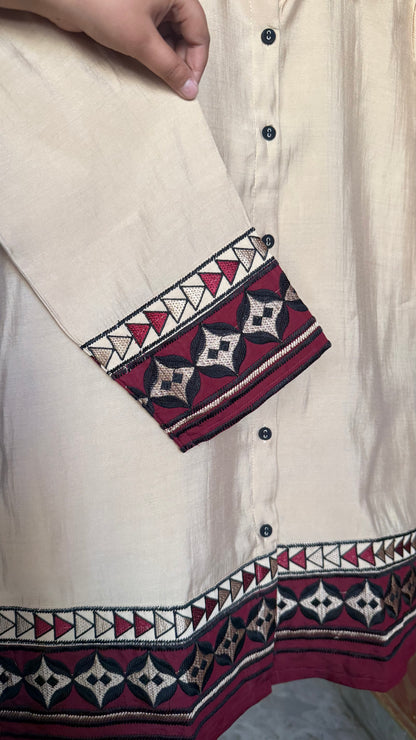 Cream and Maroon Muslin Embroidered Co-Ord Set