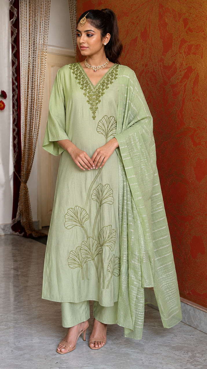 Light Green Roman Silk Suit with Embroidery and Banarasi Dupatta
