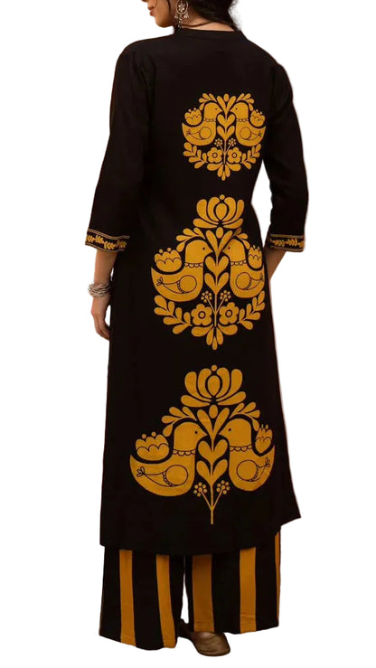 Printed and Handwork Long Kurta Set – Black and Yellow