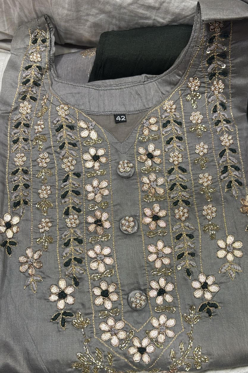 Black Gray Dola Silk Suit with Gota Patti Work and Banarasi Dupatta