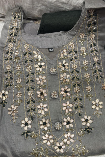 Black Gray Dola Silk Suit with Gota Patti Work and Banarasi Dupatta