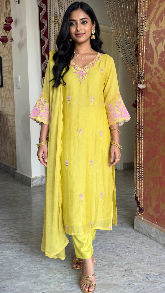 Light Yellow Mul Cotton Kurta Set with Handwork and Embroidery