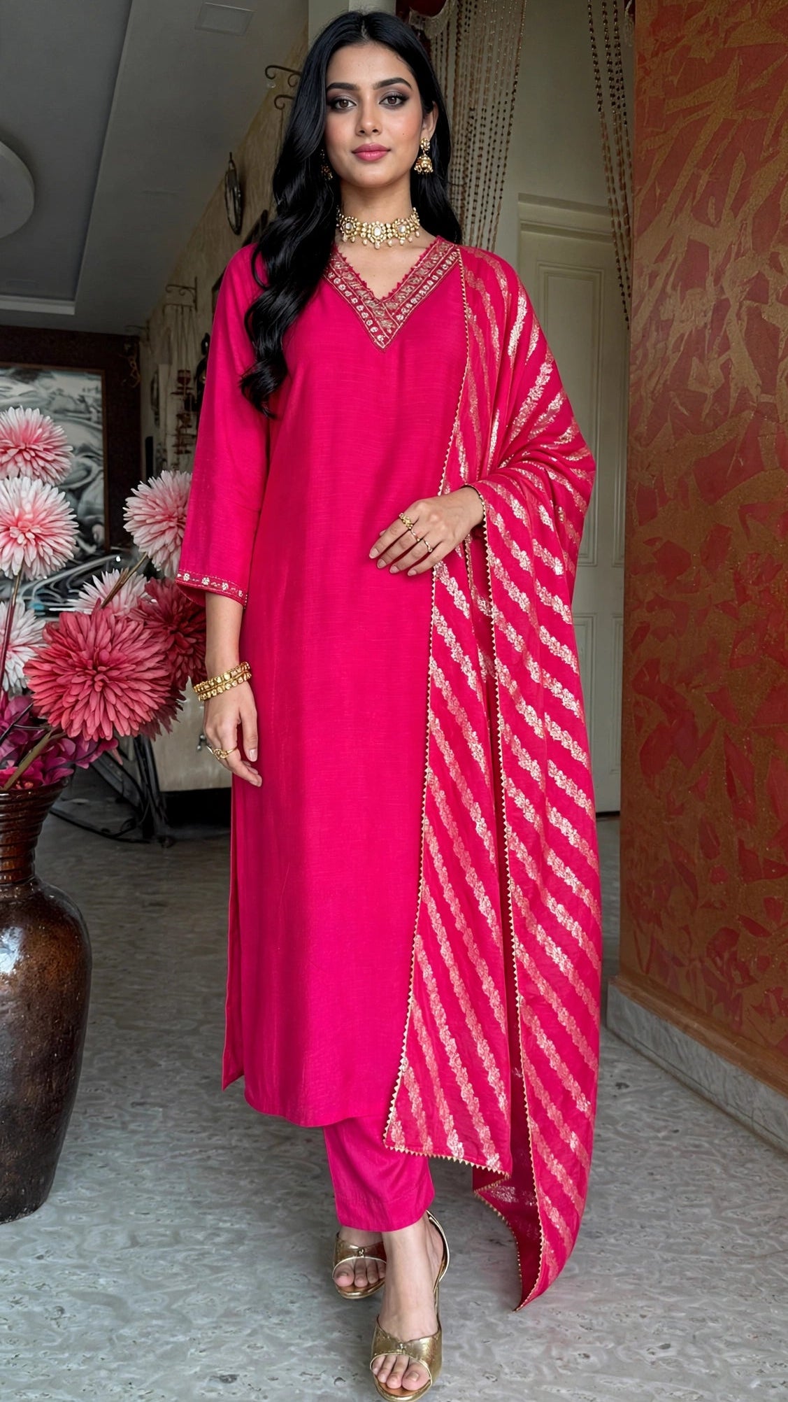 Pink Mul Cotton Kurta Set with Handwork and Banaras Dupatta