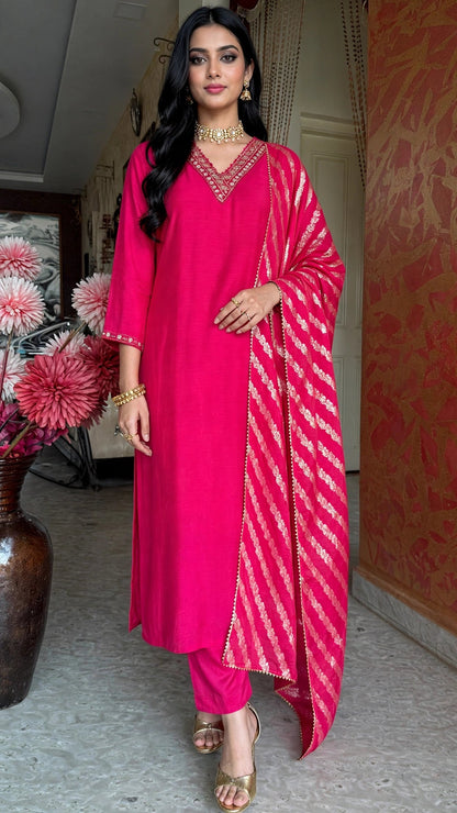 Pink Mul Cotton Kurta Set with Handwork and Banaras Dupatta