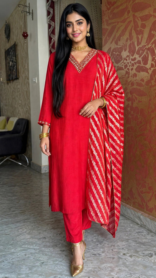 Red Mul Cotton Kurta Set with Handwork and Banaras Dupatta