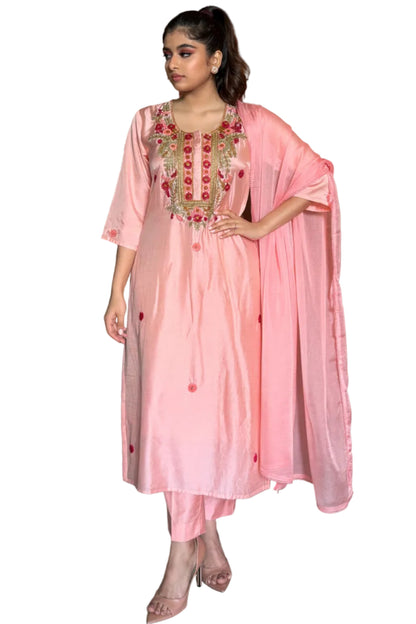 Pink Mul Chanderi Suit with Kantha Work